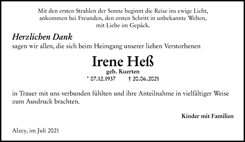  Traueranzeige für Irene Heß vom 17.07.2021 aus vrm-trauer