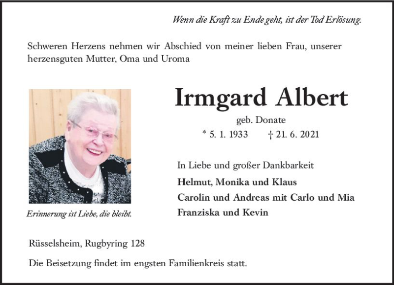  Traueranzeige für Irmgard Albert vom 03.07.2021 aus vrm-trauer