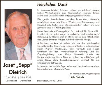 Traueranzeige von Josef Dietrich von vrm-trauer