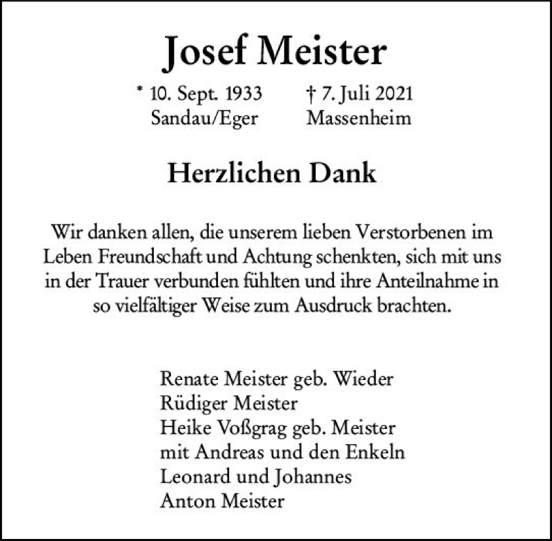  Traueranzeige für Josef Meister vom 31.07.2021 aus vrm-trauer