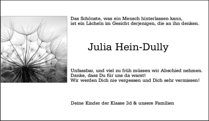  Traueranzeige für Julia Hein-Dully vom 24.07.2021 aus vrm-trauer