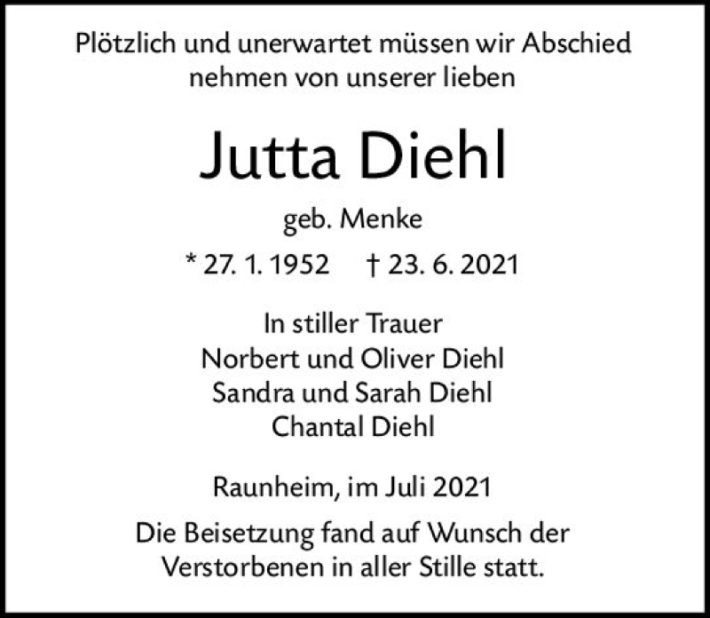  Traueranzeige für Jutta Diehl vom 10.07.2021 aus vrm-trauer