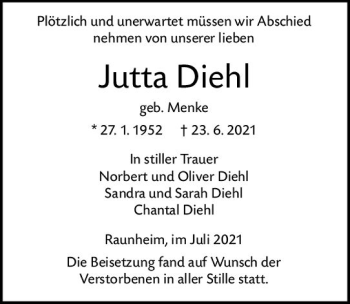 Traueranzeige von Jutta Diehl von vrm-trauer