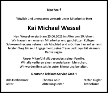 Traueranzeige von Kai Michael Wessel von vrm-trauer
