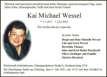Traueranzeige von Kai Michael Wessel von vrm-trauer