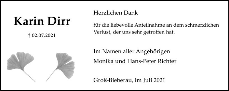  Traueranzeige für Karin Dirr vom 24.07.2021 aus vrm-trauer