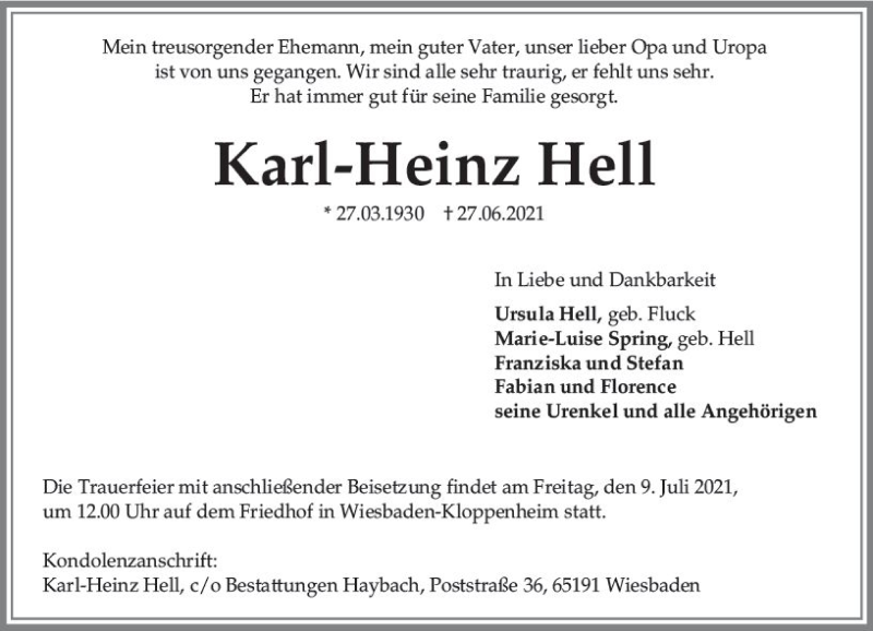  Traueranzeige für Karl-Heinz Hell vom 03.07.2021 aus vrm-trauer