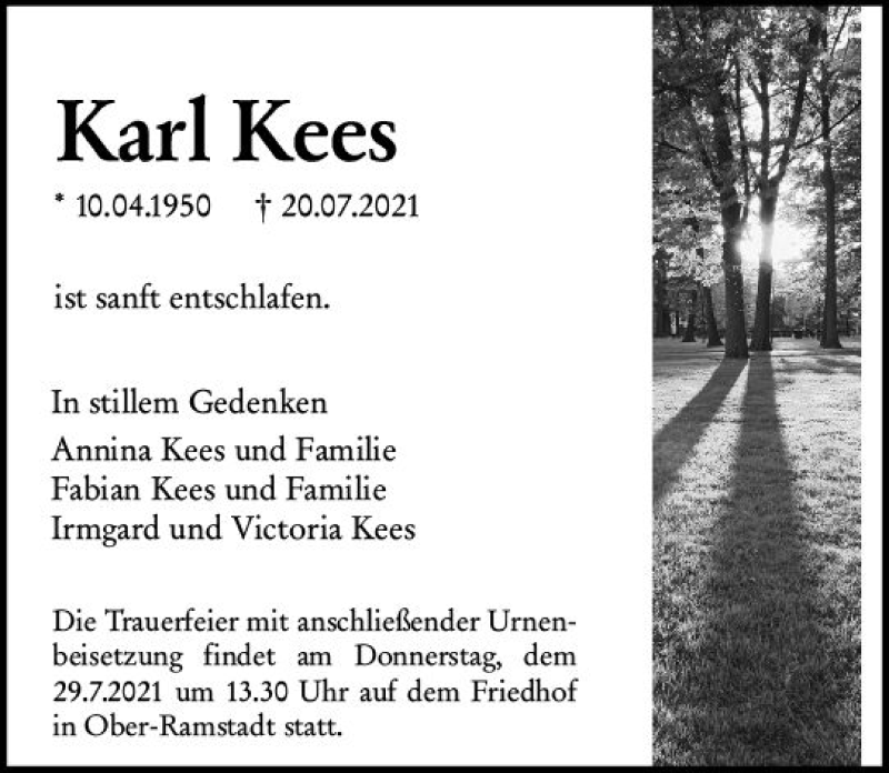  Traueranzeige für Karl Kees vom 24.07.2021 aus vrm-trauer