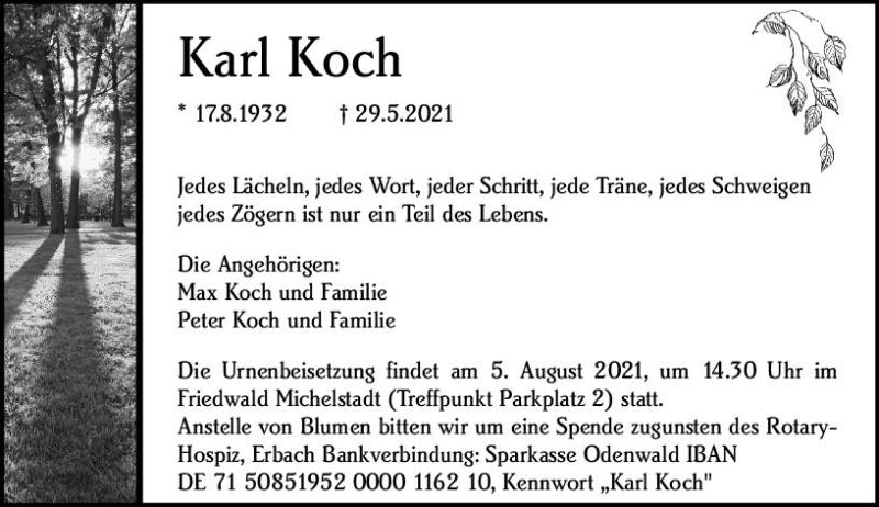  Traueranzeige für Karl Koch vom 31.07.2021 aus vrm-trauer
