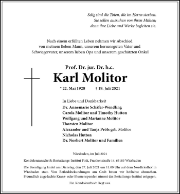 Traueranzeige von Karl Molitor von vrm-trauer