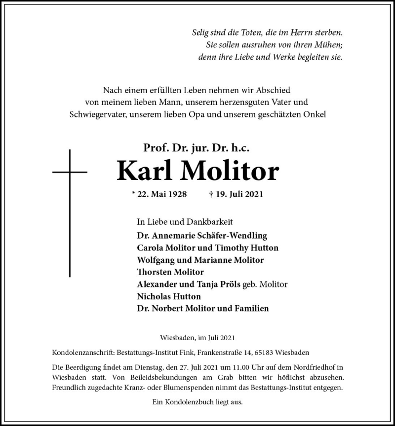  Traueranzeige für Karl Molitor vom 24.07.2021 aus vrm-trauer