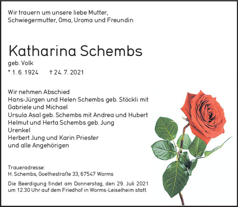  Traueranzeige für Katharina Schembs vom 28.07.2021 aus vrm-trauer