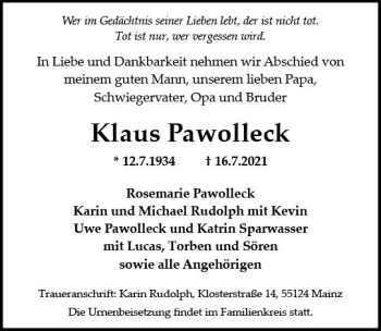 Traueranzeige von Klaus Pawolleck von vrm-trauer