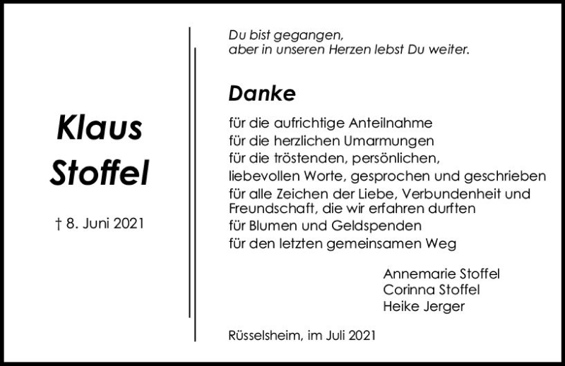  Traueranzeige für Klaus Stoffel vom 10.07.2021 aus vrm-trauer