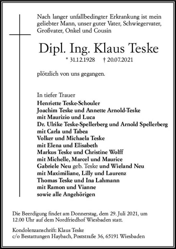  Traueranzeige für Klaus Teske vom 24.07.2021 aus vrm-trauer
