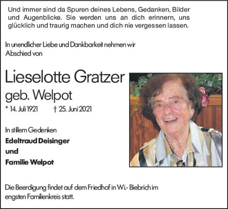  Traueranzeige für Lieselotte Grauer vom 03.07.2021 aus vrm-trauer