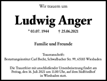 Traueranzeige von Ludwig Anger von vrm-trauer