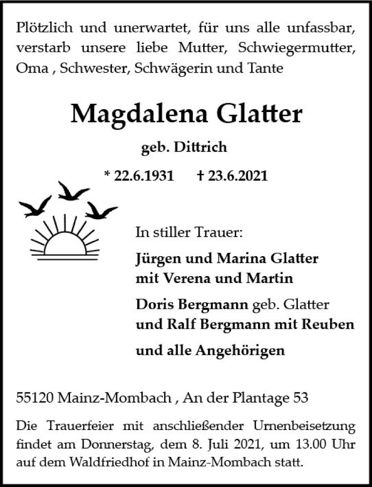  Traueranzeige für Magdalena Glatter vom 03.07.2021 aus vrm-trauer