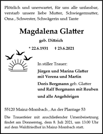 Traueranzeige von Magdalena Glatter von vrm-trauer