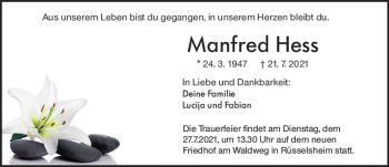 Traueranzeige von Manfred Hess von vrm-trauer