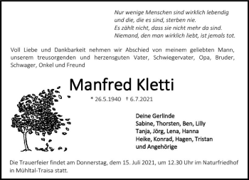 Traueranzeige von Manfred Kletti von vrm-trauer