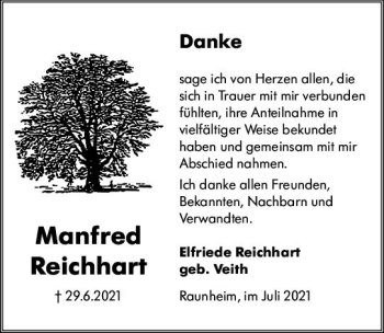 Traueranzeige von Manfred Reichhart von vrm-trauer