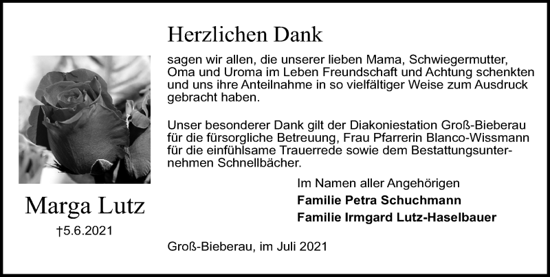  Traueranzeige für Marga Lutz vom 17.07.2021 aus vrm-trauer