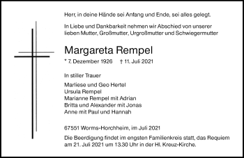Traueranzeige von Margareta Rempel von vrm-trauer