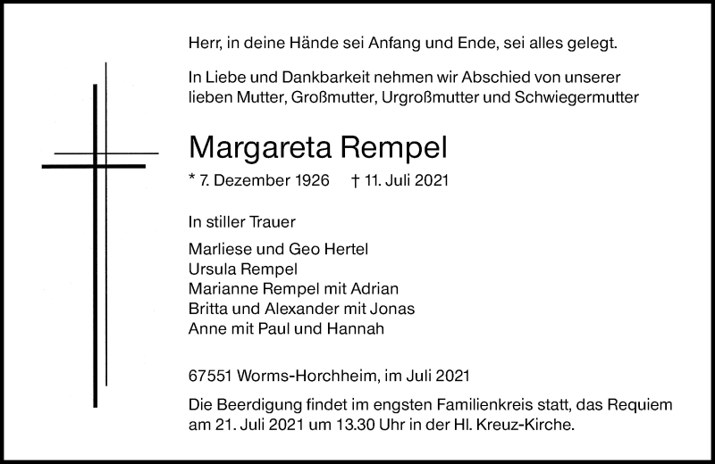  Traueranzeige für Margareta Rempel vom 17.07.2021 aus vrm-trauer