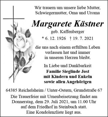 Traueranzeige von Margarete Kästner von vrm-trauer