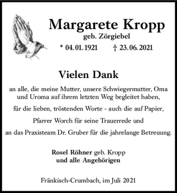 Traueranzeige von Margarete Kropp von vrm-trauer