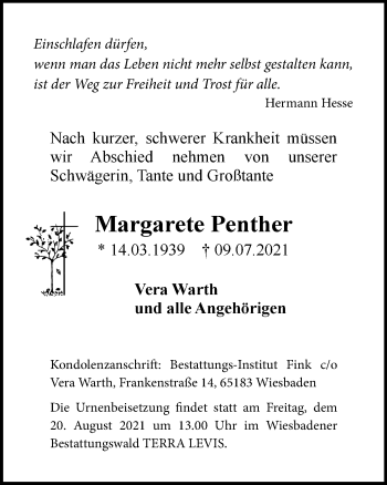Traueranzeige von Margarete Penther von vrm-trauer