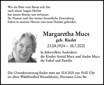 Traueranzeige von Margaretha Mucs von vrm-trauer