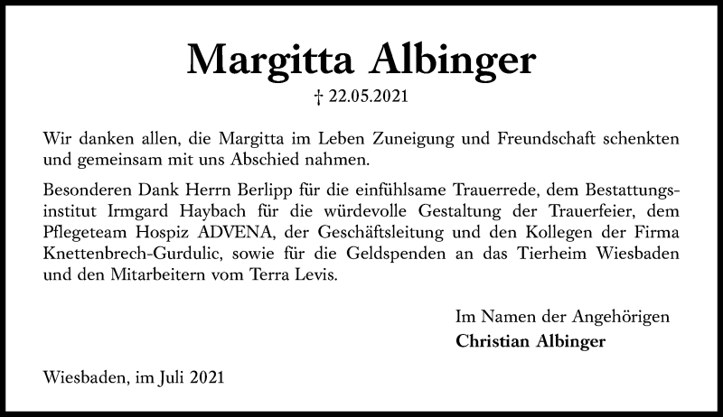  Traueranzeige für Margitta Albfinger vom 17.07.2021 aus vrm-trauer