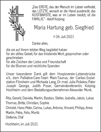 Traueranzeige von Maria Hartung von vrm-trauer
