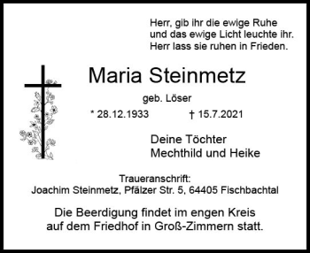 Traueranzeige von Maria Steinmetz von vrm-trauer