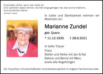 Traueranzeige von Marianne Zundel von vrm-trauer