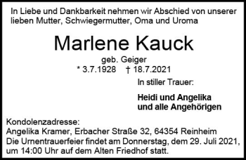 Traueranzeige von Marlene Kauck von vrm-trauer