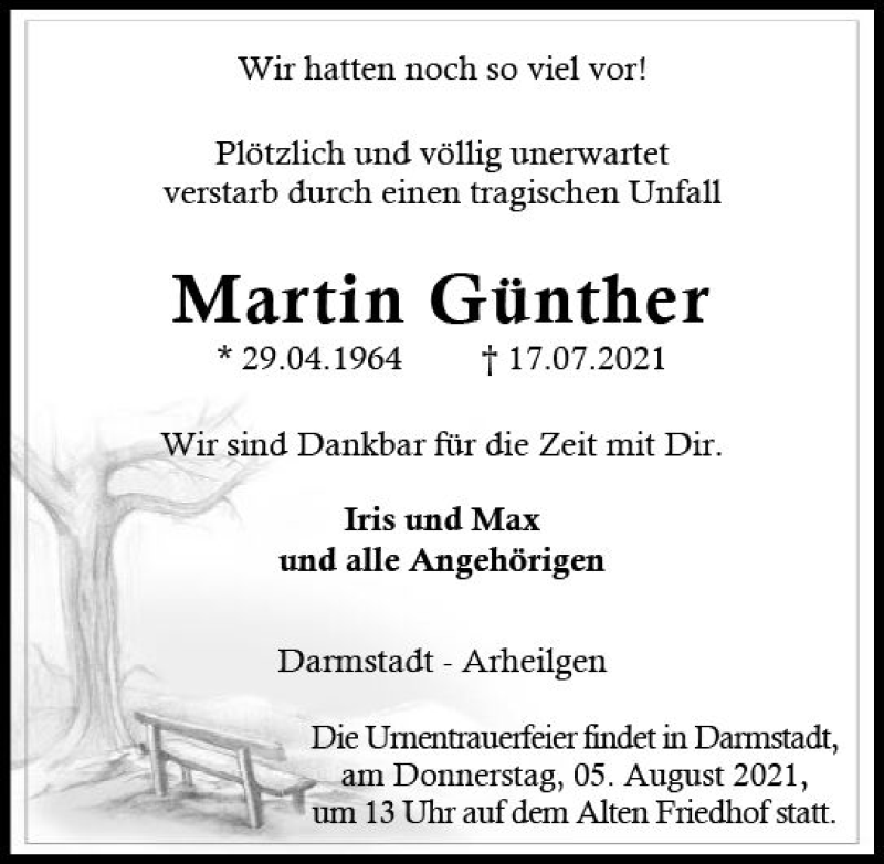  Traueranzeige für Martin Günther vom 31.07.2021 aus vrm-trauer