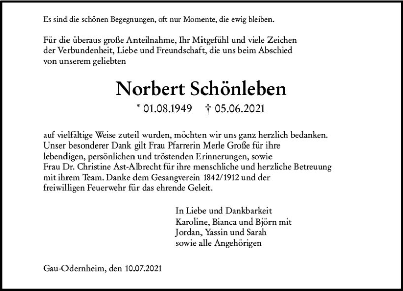  Traueranzeige für Norbert Schönleben vom 10.07.2021 aus vrm-trauer