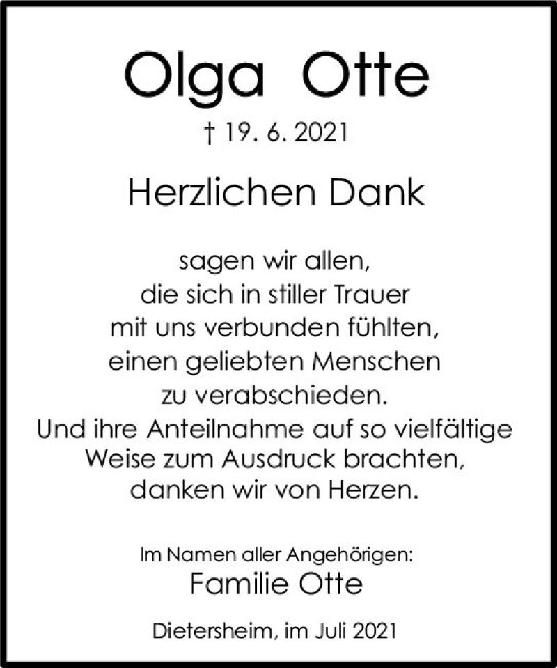  Traueranzeige für Olga Otte vom 10.07.2021 aus vrm-trauer