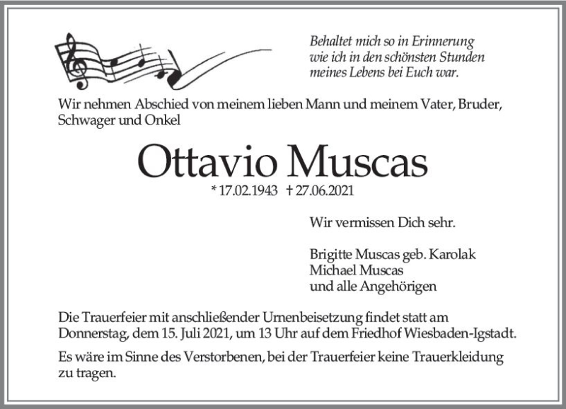  Traueranzeige für Ottavio Muscas vom 03.07.2021 aus vrm-trauer