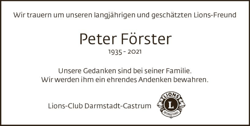  Traueranzeige für Peter Förster vom 08.07.2021 aus vrm-trauer