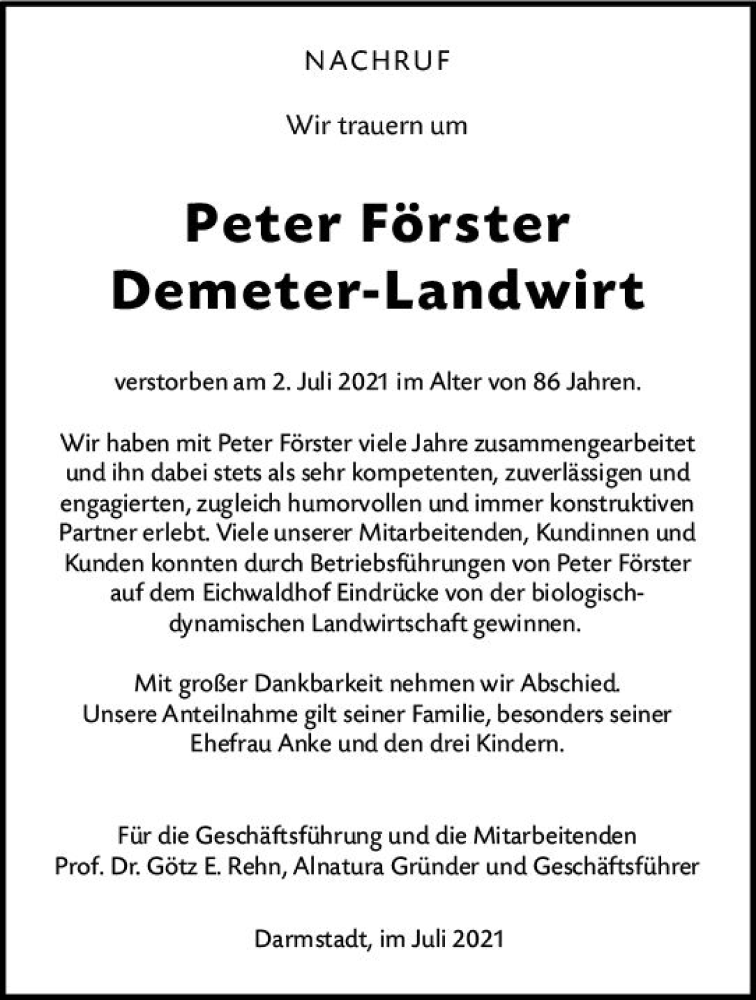  Traueranzeige für Peter Förster vom 13.07.2021 aus vrm-trauer