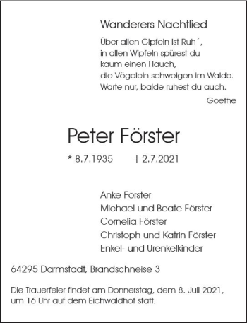Traueranzeige von Peter Förster von vrm-trauer