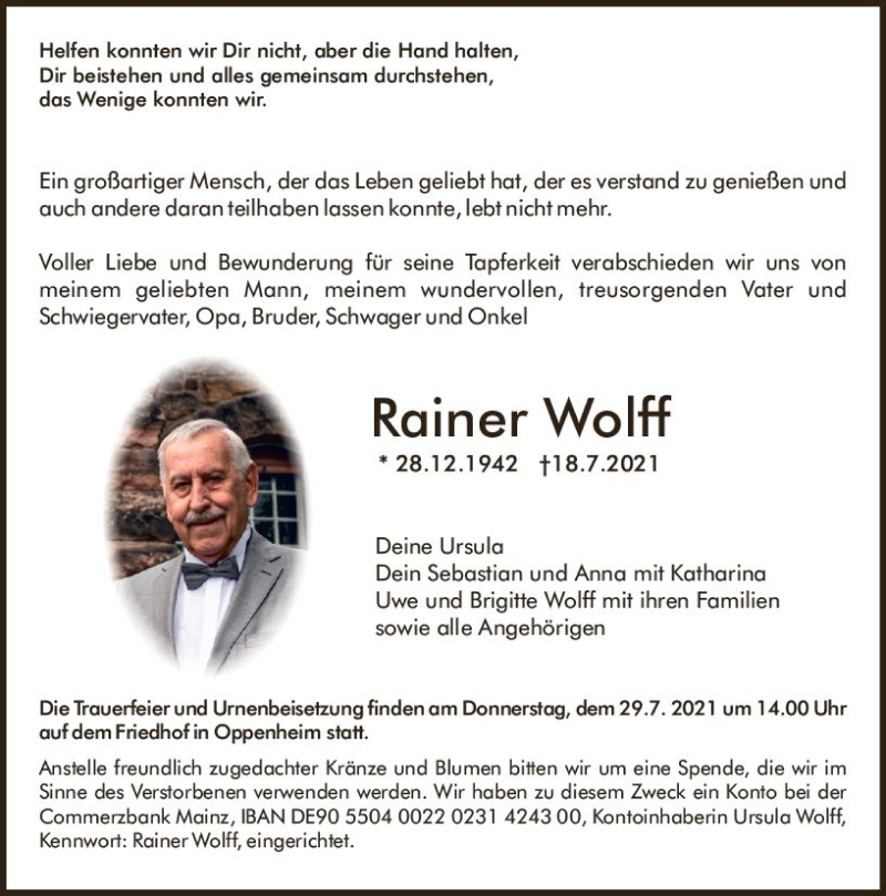  Traueranzeige für Rainer Wolff vom 24.07.2021 aus vrm-trauer