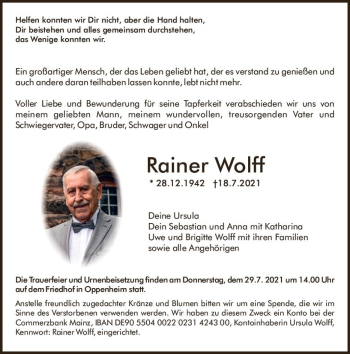 Traueranzeige von Rainer Wolff von vrm-trauer