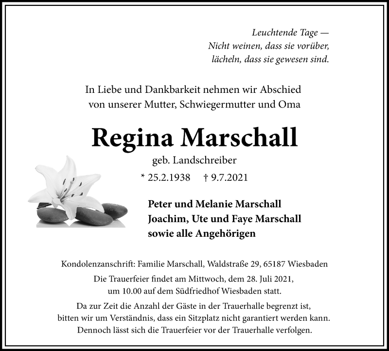  Traueranzeige für Regina Marschall vom 17.07.2021 aus vrm-trauer