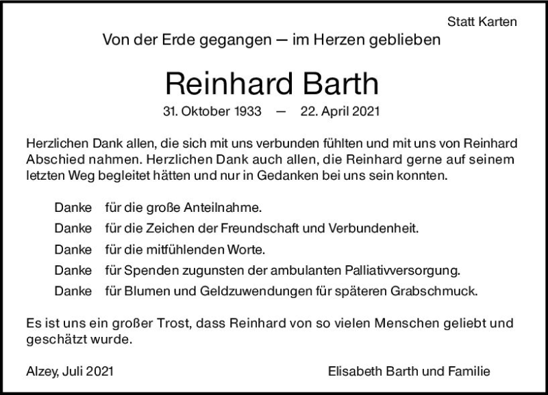  Traueranzeige für Reinhard Barth vom 10.07.2021 aus vrm-trauer