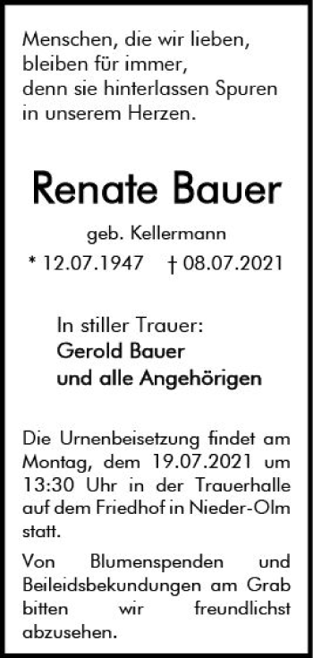 Traueranzeige von Renate Bauer von vrm-trauer